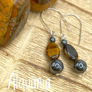 Hematite and Tiger's eye protection dangle earrings/ handmade